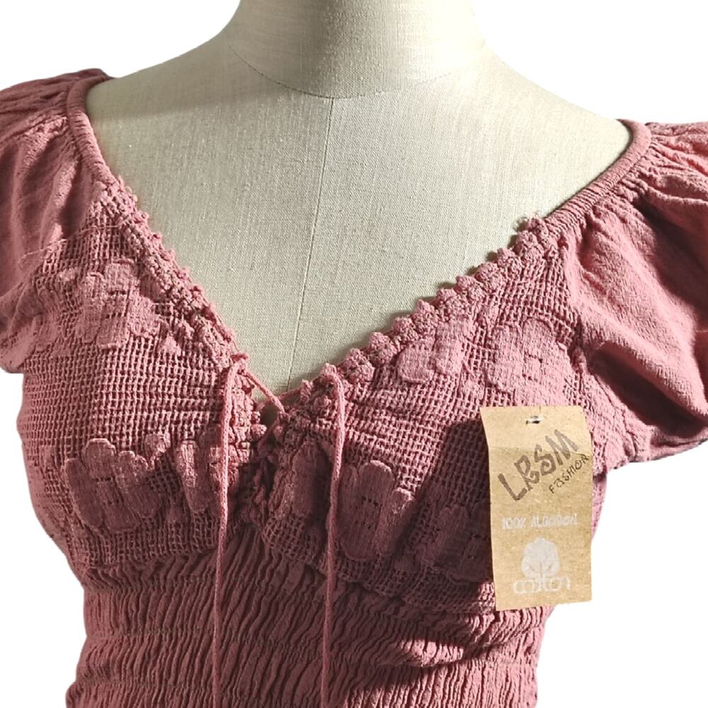 LRSM Fashion Dusty Rose Boho Midi Dress Smocked Puff Sleeve 100% Cotton XS/S - Picture 3 of 5